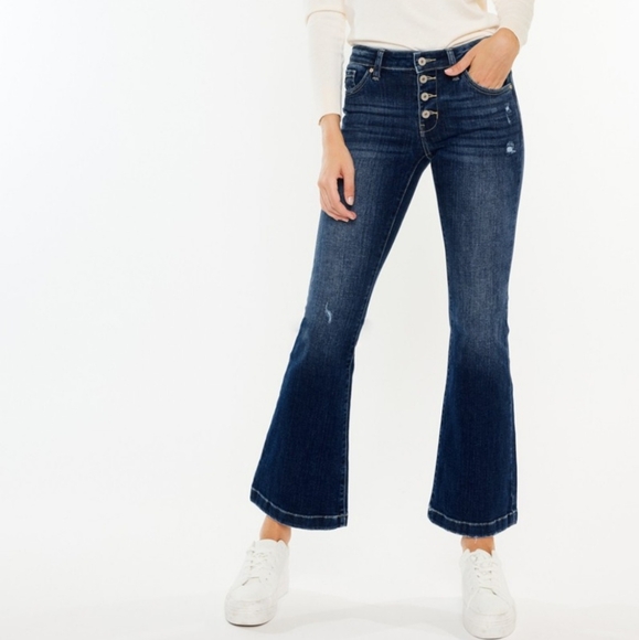 KanCan Mid-Rise Jeans Slim Fit Tapered Flare Button Fly Distressed Denim Pants - Picture 5 of 13